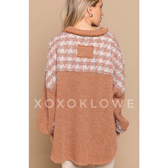 POL Half Button Houndstooth Patchwork Pullover Top Oversized - Picture 6 of 12
